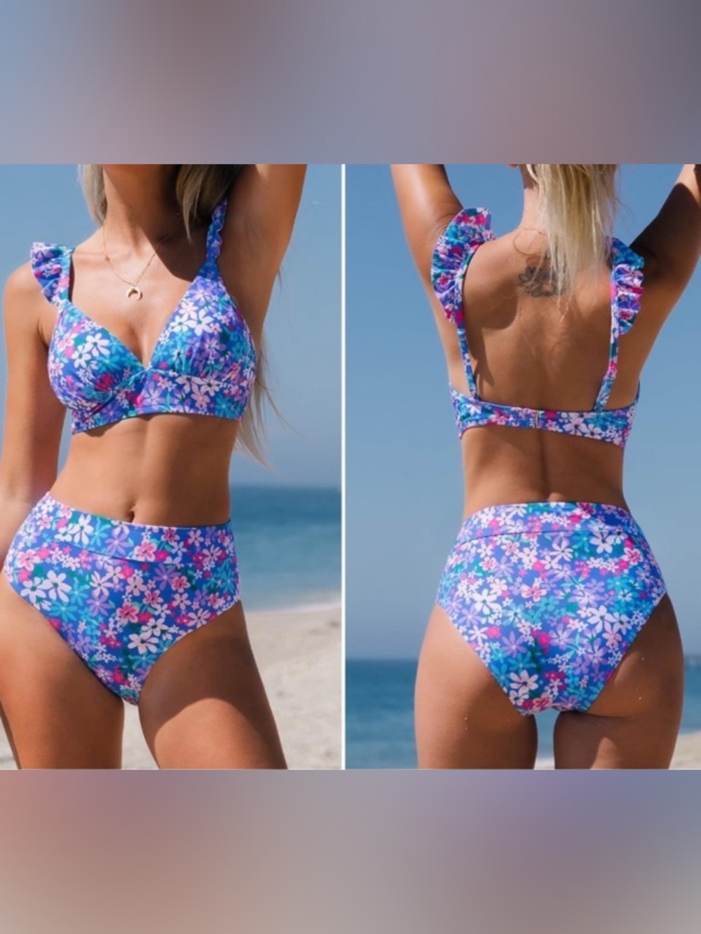 Cupshe Sundry Daisy Ruffled Bralette & High Waist Bikini Set - Size S| NWT